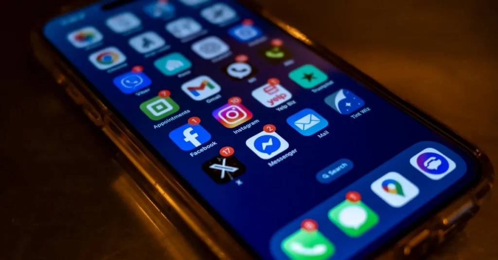 Smartphone displaying various mobile apps including ecommerce and shopping applications.