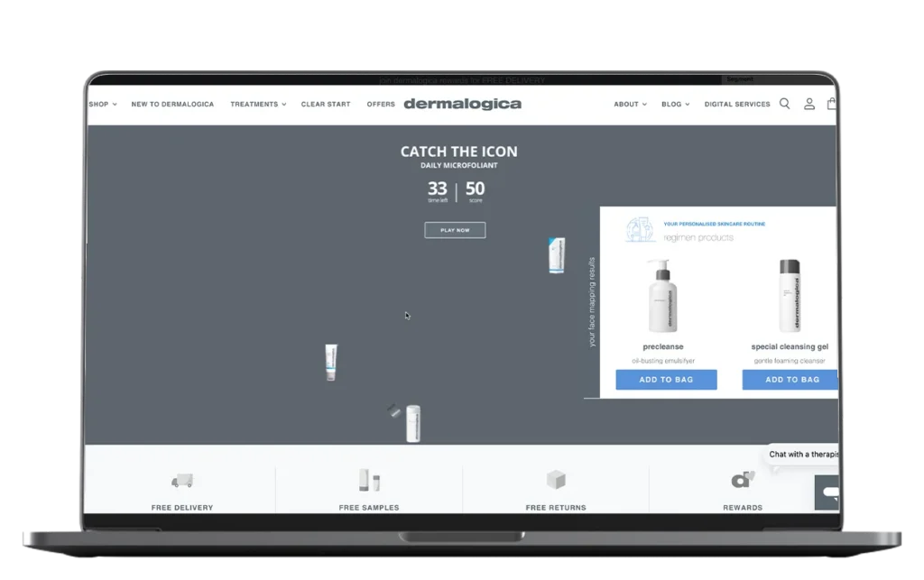 A laptop displays the Dermalogica website featuring a "Catch the Icon" promo for daily microfoliant, with sleek packaging and options to add to the bag.