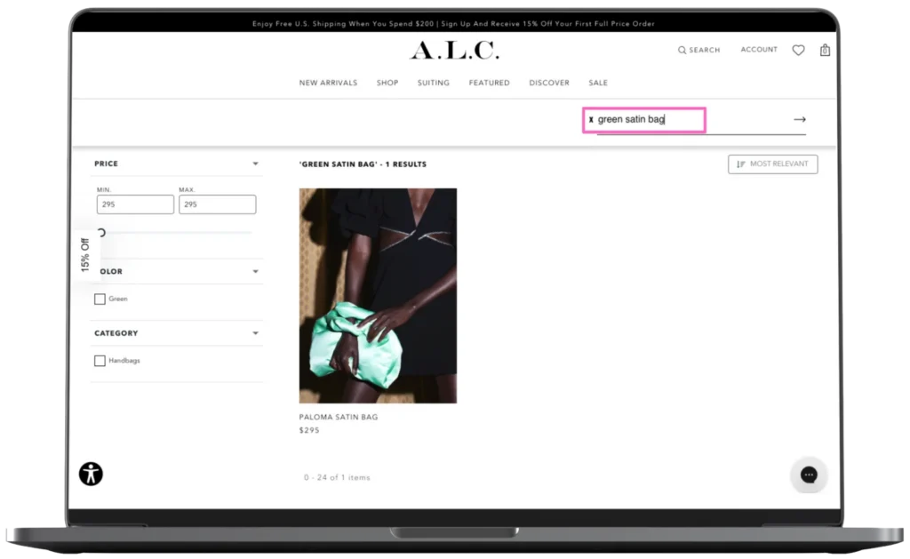 Search results on A.L.C.'s website showing a "Paloma Satin Bag" priced at $295.