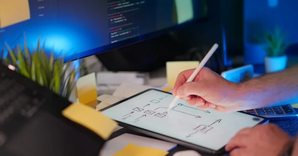 Developer sketching ecommerce search autocomplete wireframe on tablet at desk with coding monitor.