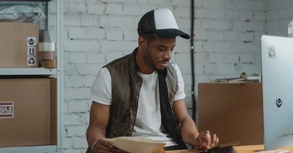 Man using ecommerce product discovery platform on tablet while managing inventory boxes in warehouse workspace.