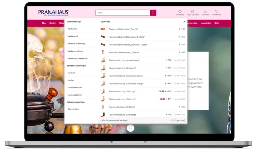 Laptop displaying an online store search for incense products. The results list includes incense holders and mixtures. 