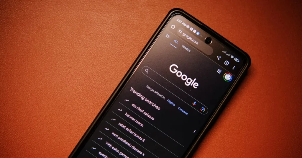 Google semantic search results displayed on smartphone screen in dark mode against orange background.