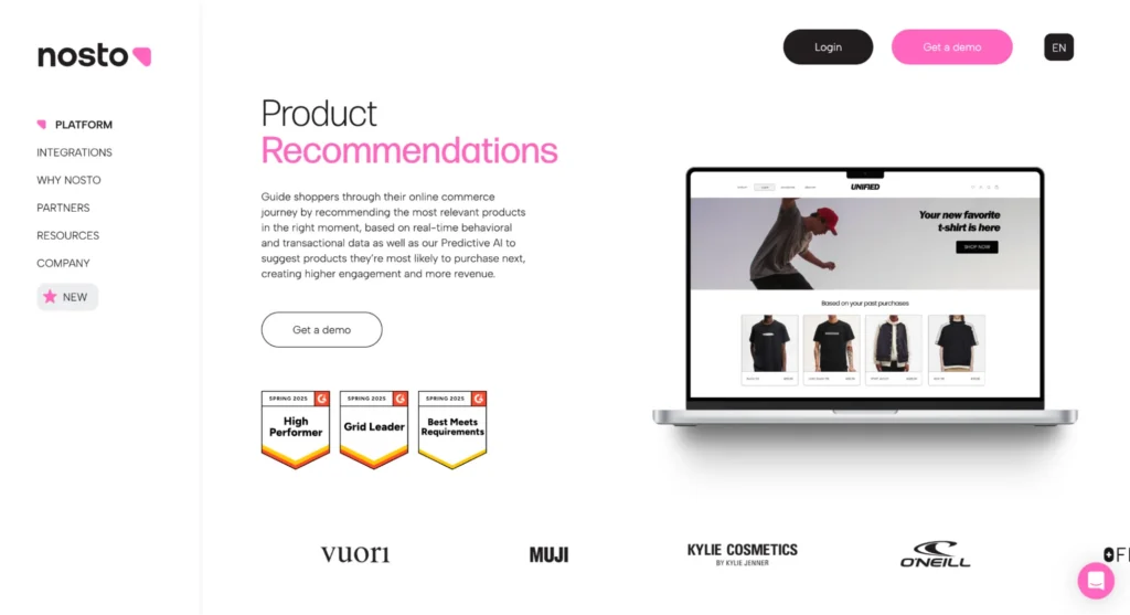 Nosto website interface showing product recommendations software with a laptop mockup, G2 badges, and brand logos for Vuori, Muji, and Kylie Cosmetics..