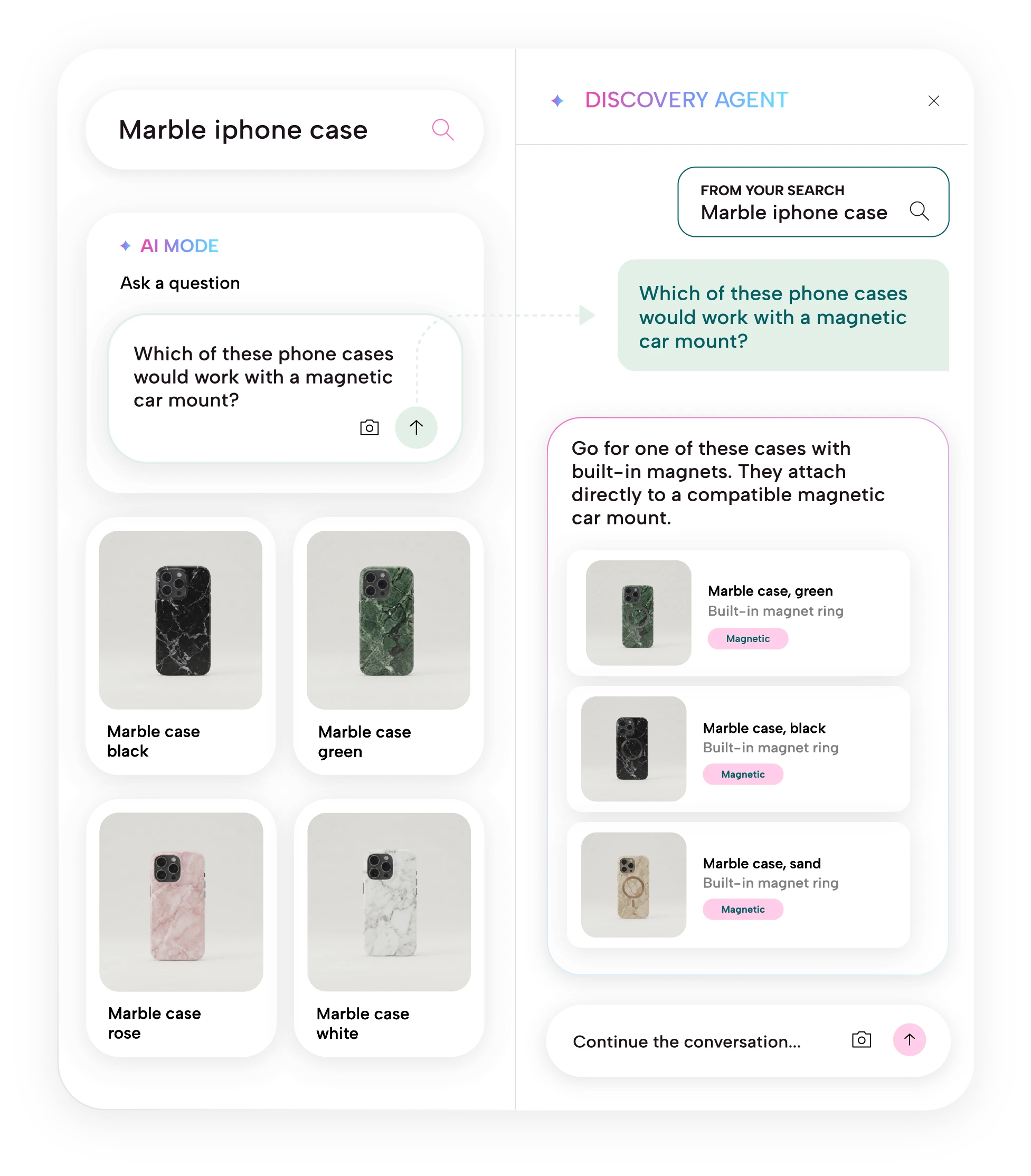 AI Mode carries a shopper’s marble iPhone case search into a Discovery Agent conversation recommending cases compatible with a magnetic car mount.