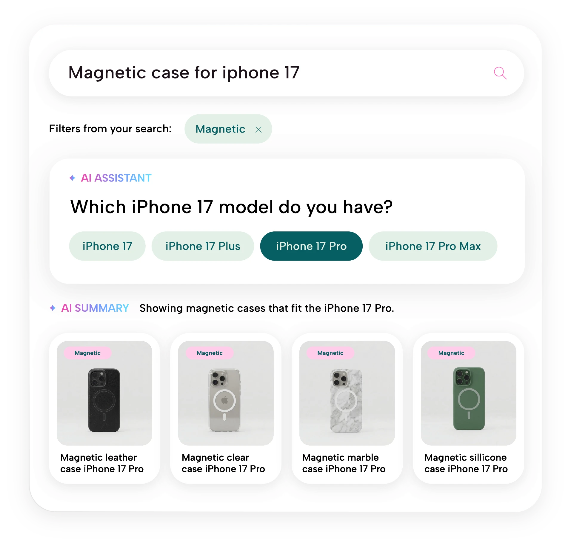 AI assistant applies a magnetic filter, asks which iPhone 17 model the shopper has, and shows matching cases with a selection summary.