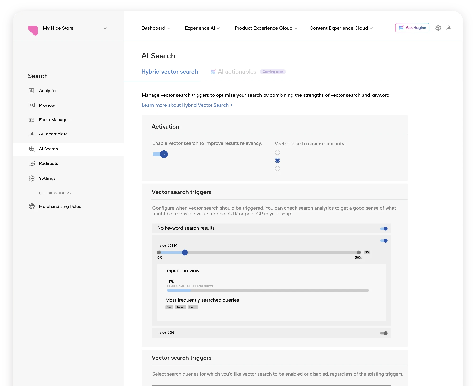Nosto Hybrid Vector Search settings showing activation controls and thresholds for zero-result, low-CTR, and low-conversion queries.