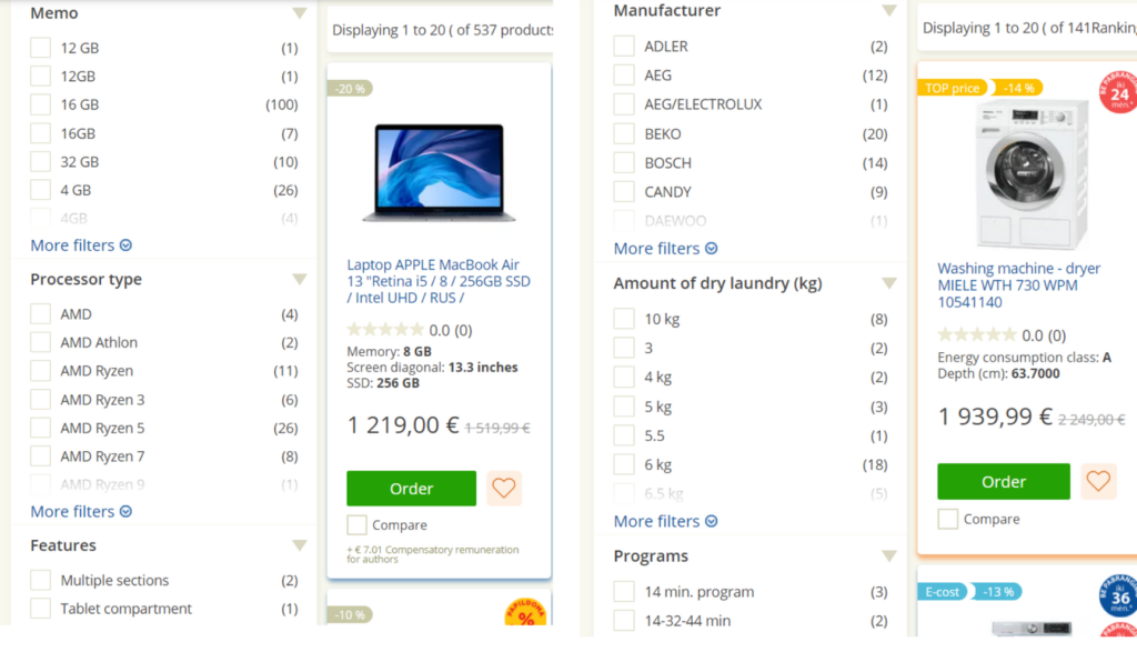 Euronics faceted search