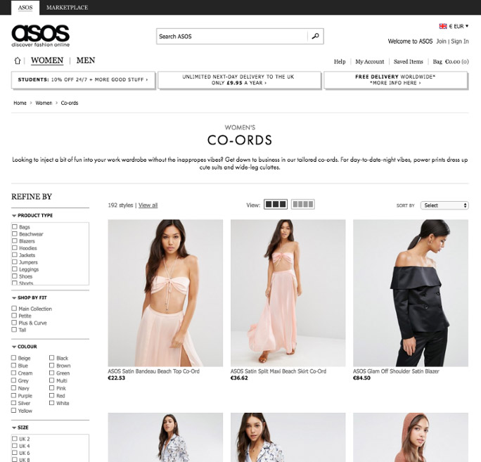 ASOS left hand side filtering