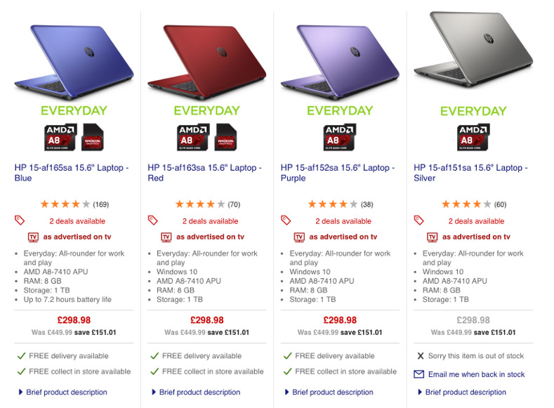 Curry's extensive product information on category pages