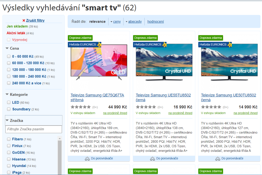 Personalized search merchandising results for “smart TV’ query for user, who is into Samsung smart TVs