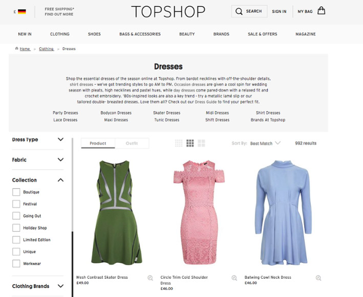 TopShop fashion specific filtering